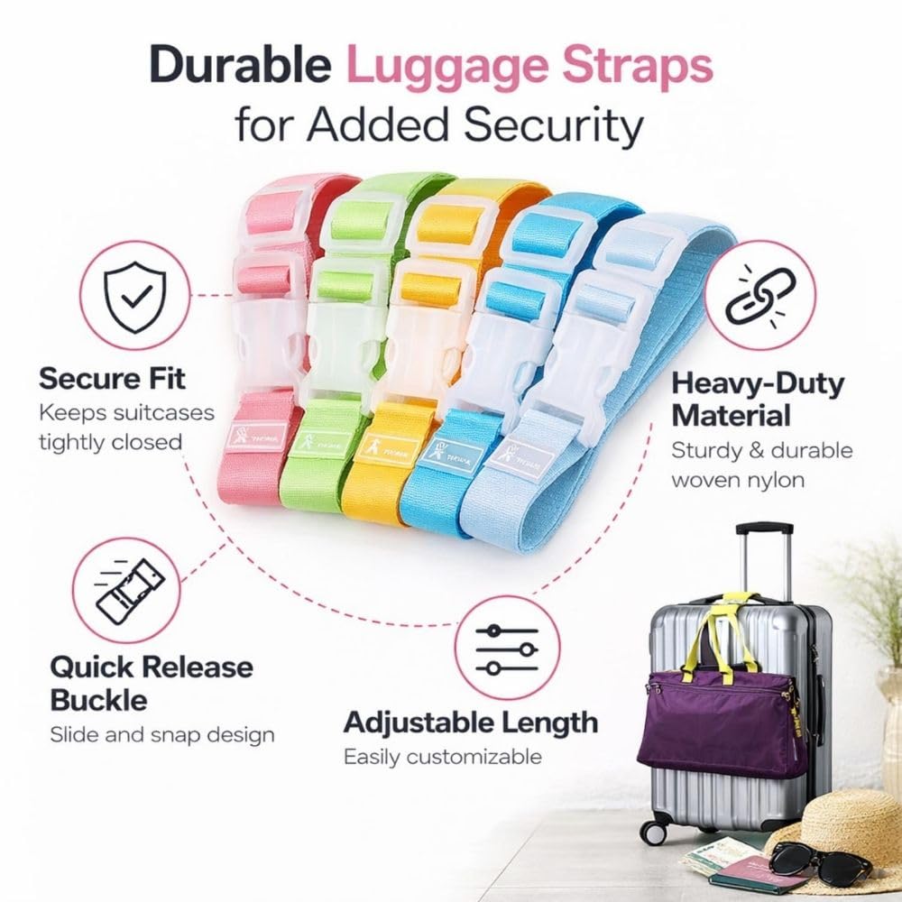Heavy Duty Adjustable Luggage Straps with Quick Release Buckle, Multicolour, 2 Pack