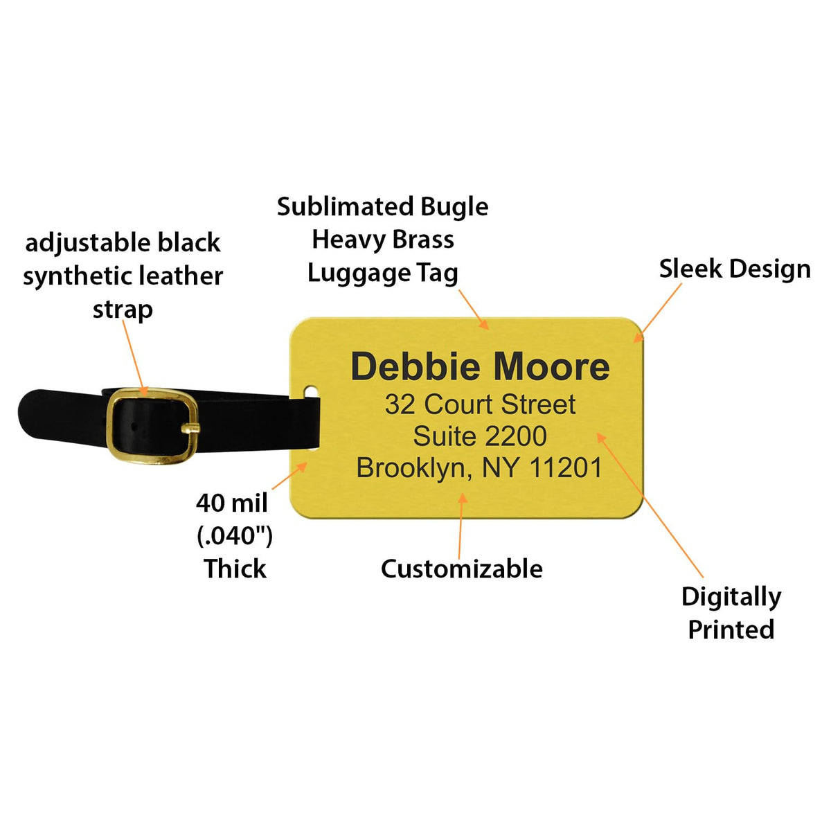 Personalized Double-Sided Brass Luggage Tag with Leather Strap