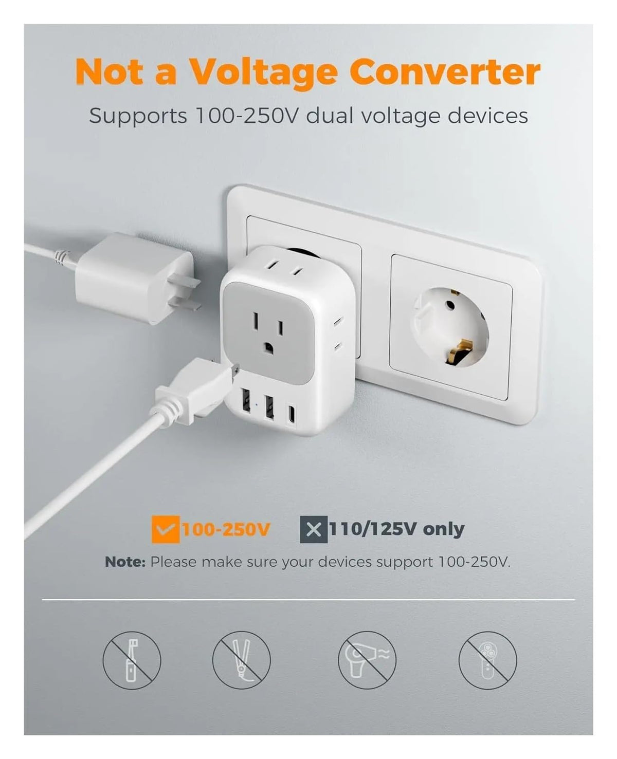 European Travel Adapter with 4 Outlets & 3 USB Ports