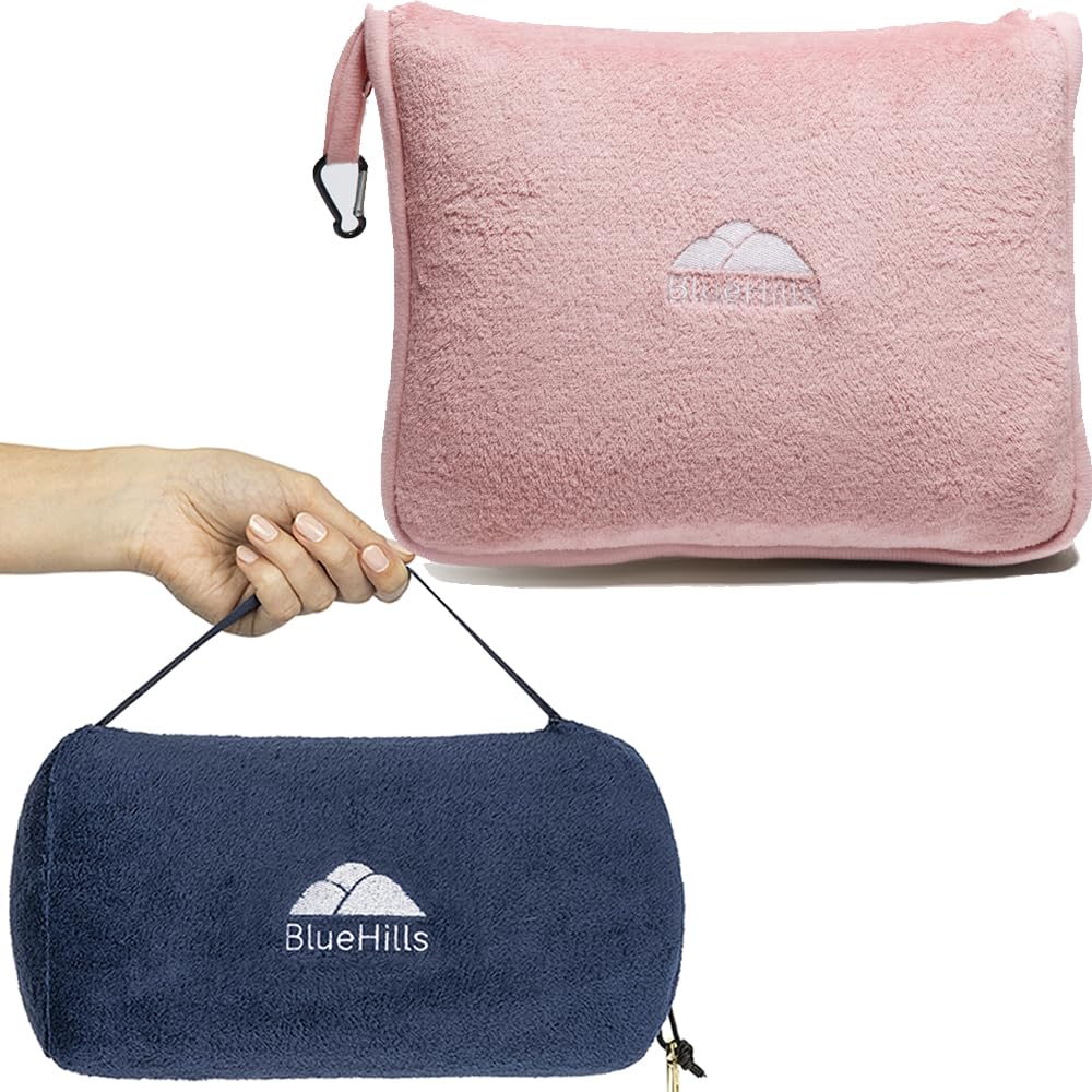 2 Pack Travel Blanket Pillows with Carry Bags & Backpack Clips