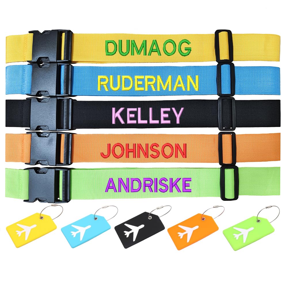 Personalized Embroidered Luggage Strap with Name Tag, Adjustable Suitcase Belt