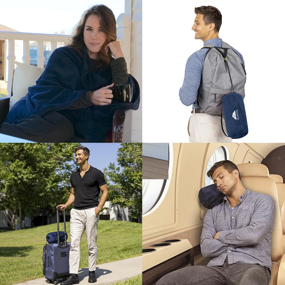 2 Pack Travel Blanket Pillows with Carry Bags & Backpack Clips
