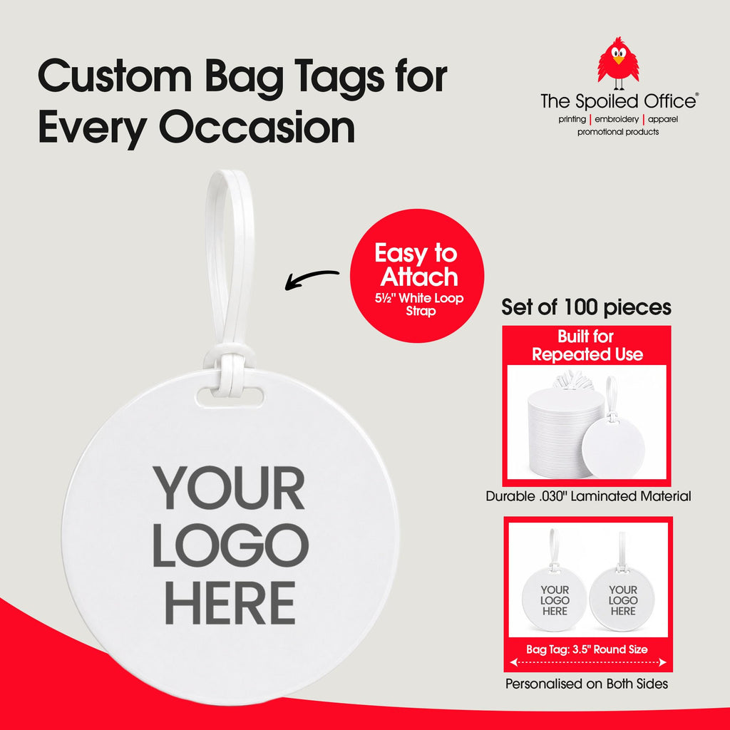 The Spoiled Office Custom Luggage Tags Round 3.5in 100 Pack, Made in USA