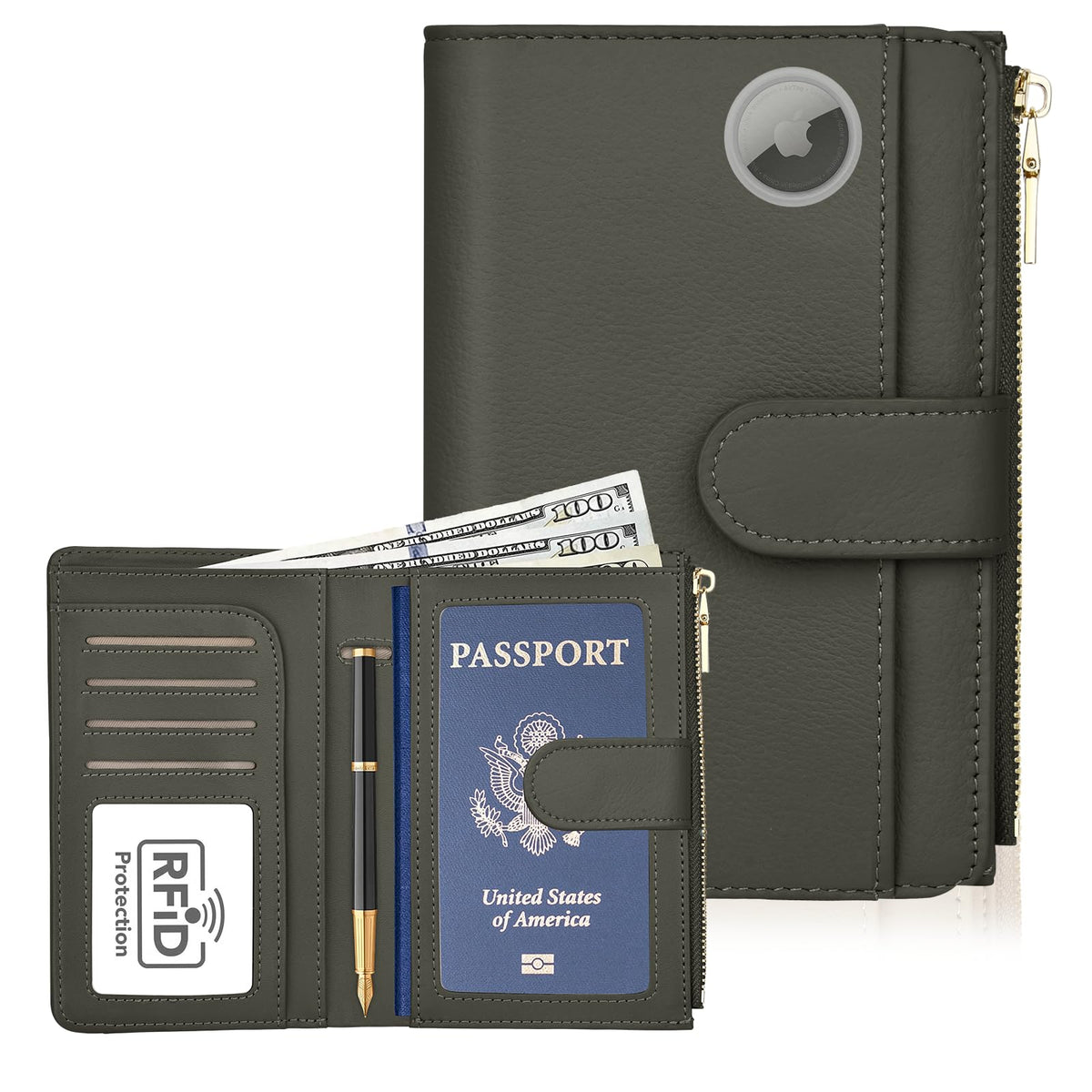 RFID Leather Passport Wallet with AirTag Slot