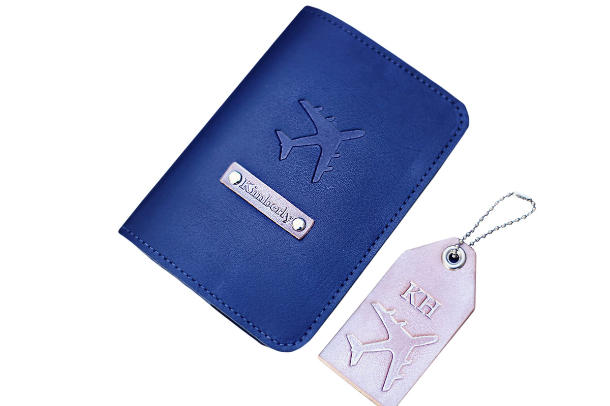 Personalized Leather Passport Holder and Luggage Tag Set