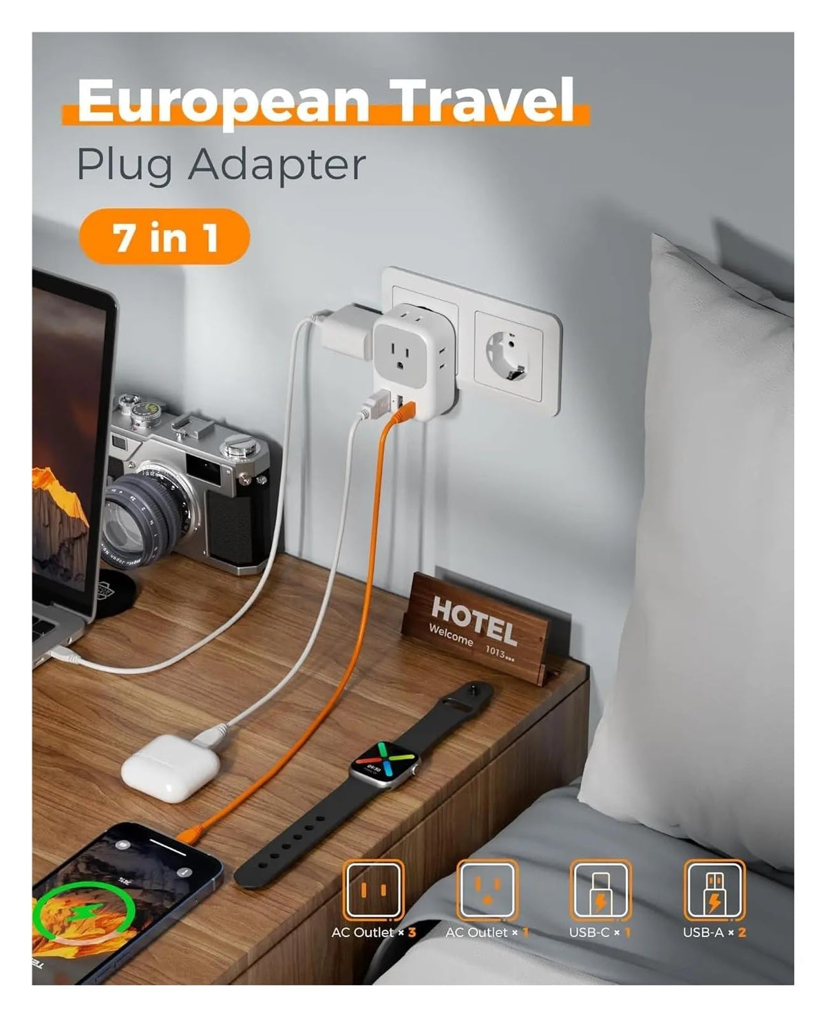 European Travel Adapter with 4 Outlets & 3 USB Ports