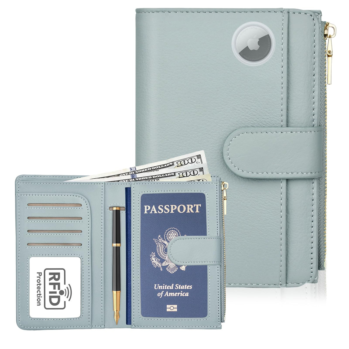 RFID Leather Passport Wallet with AirTag Slot