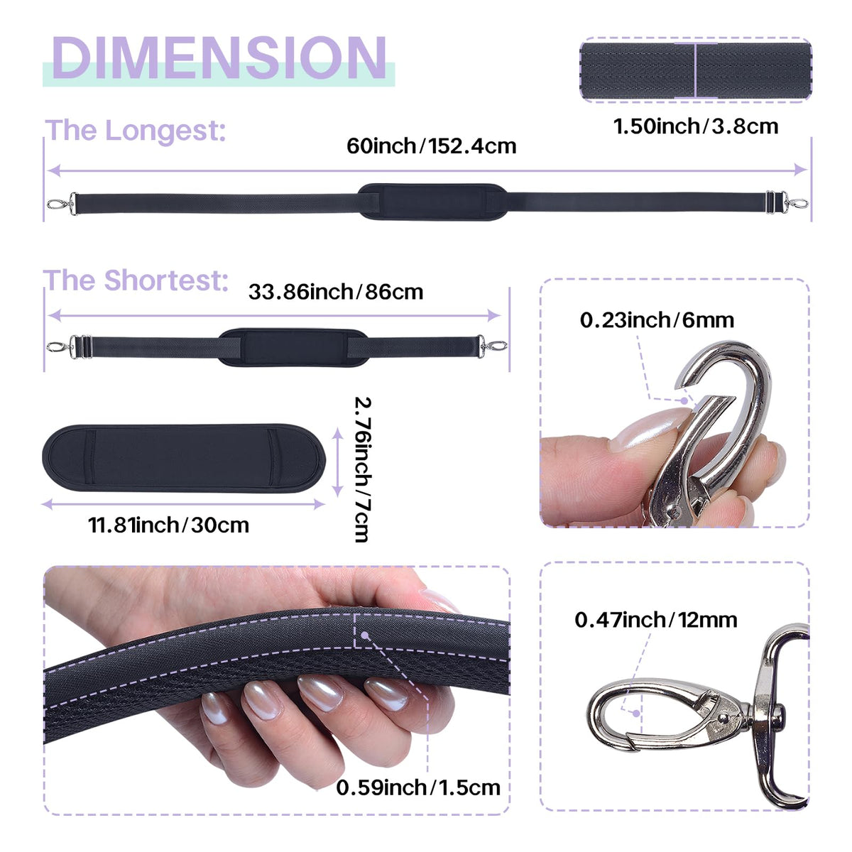 UOZL 60 Inch Shoulder Strap for Bag with Removable Ultra-Thick Pad