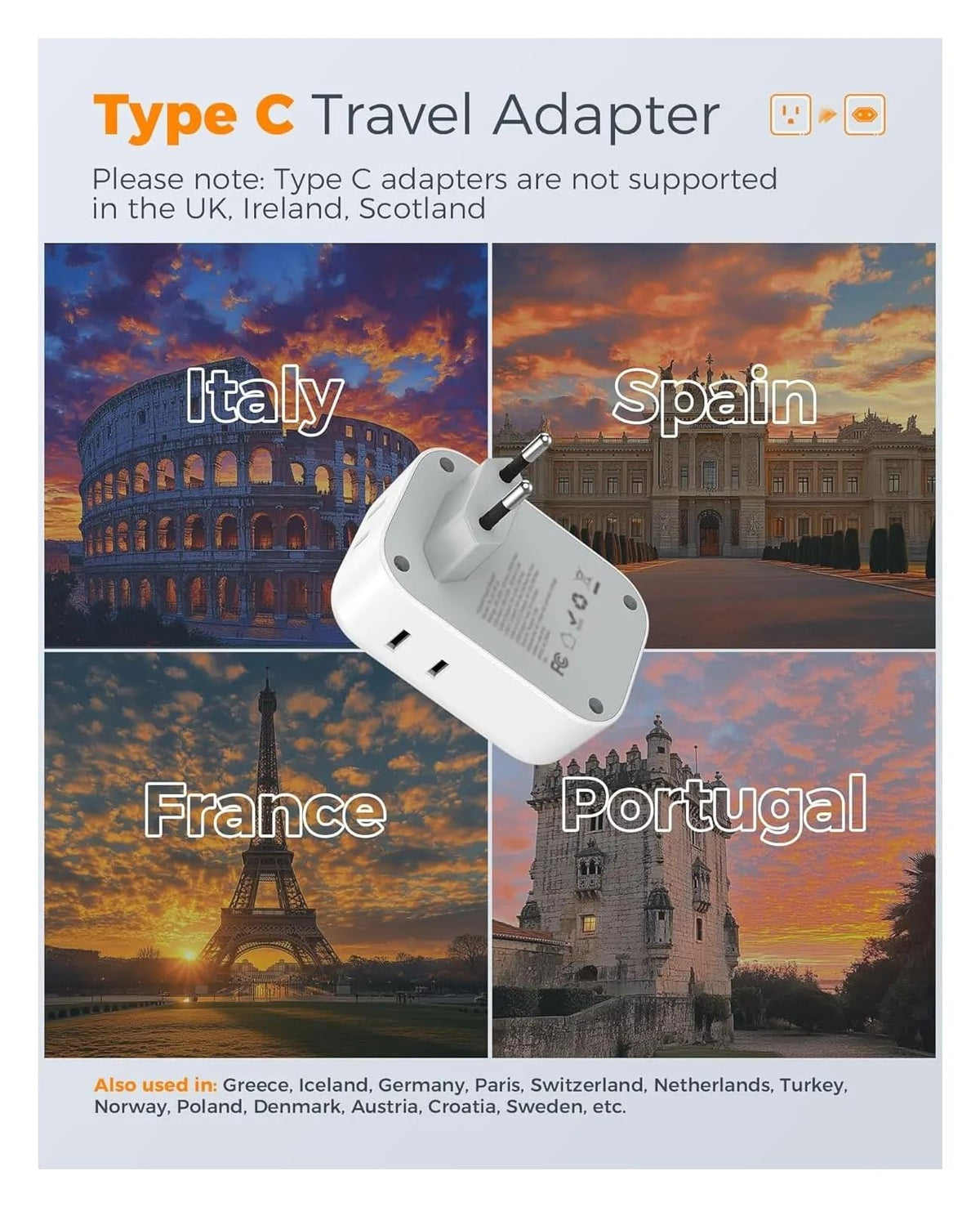 European Travel Adapter with 4 Outlets & 3 USB Ports