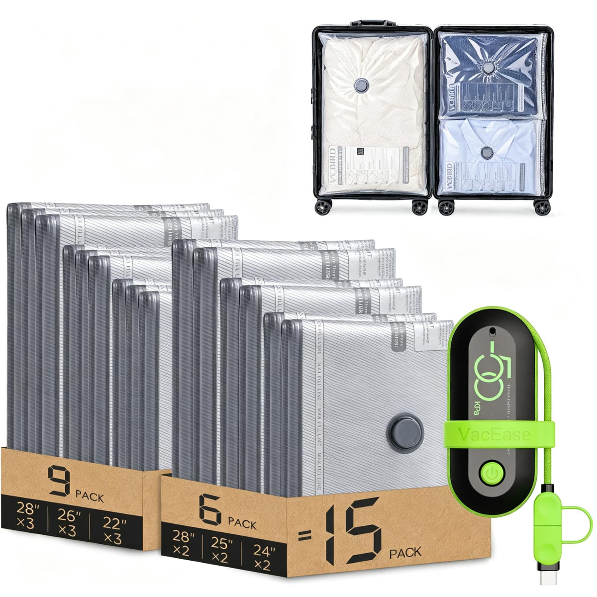Vacbird Rechargeable Wireless Pump Travel Storage Bags Set