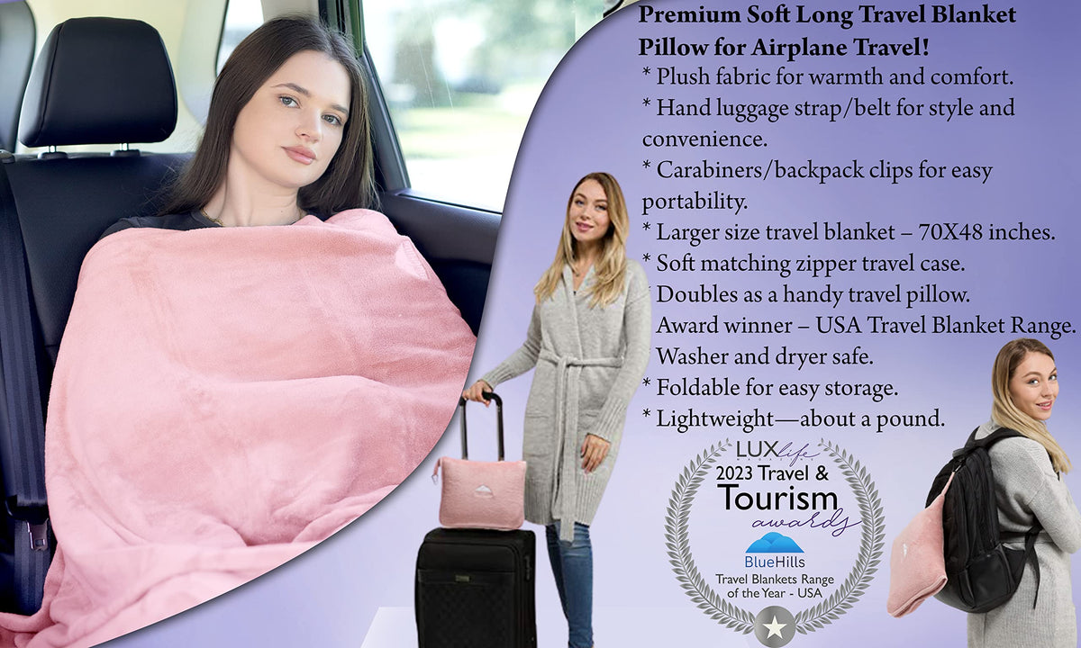 2 Pack Travel Blanket Pillows with Carry Bags & Backpack Clips