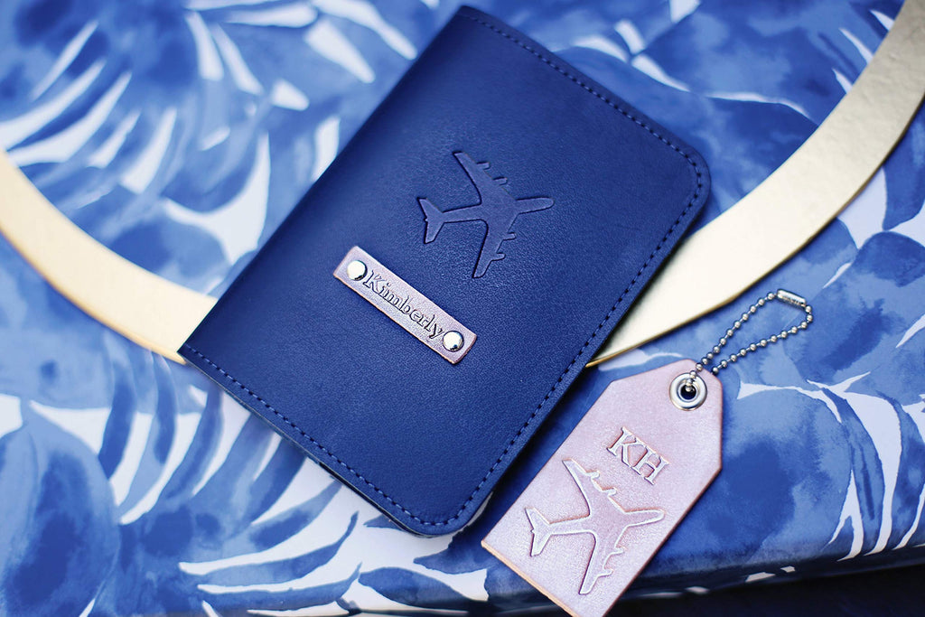 Personalized Leather Passport Holder and Luggage Tag Set