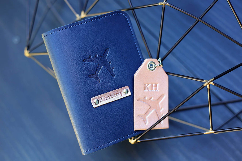 Personalized Leather Passport Holder and Luggage Tag Set