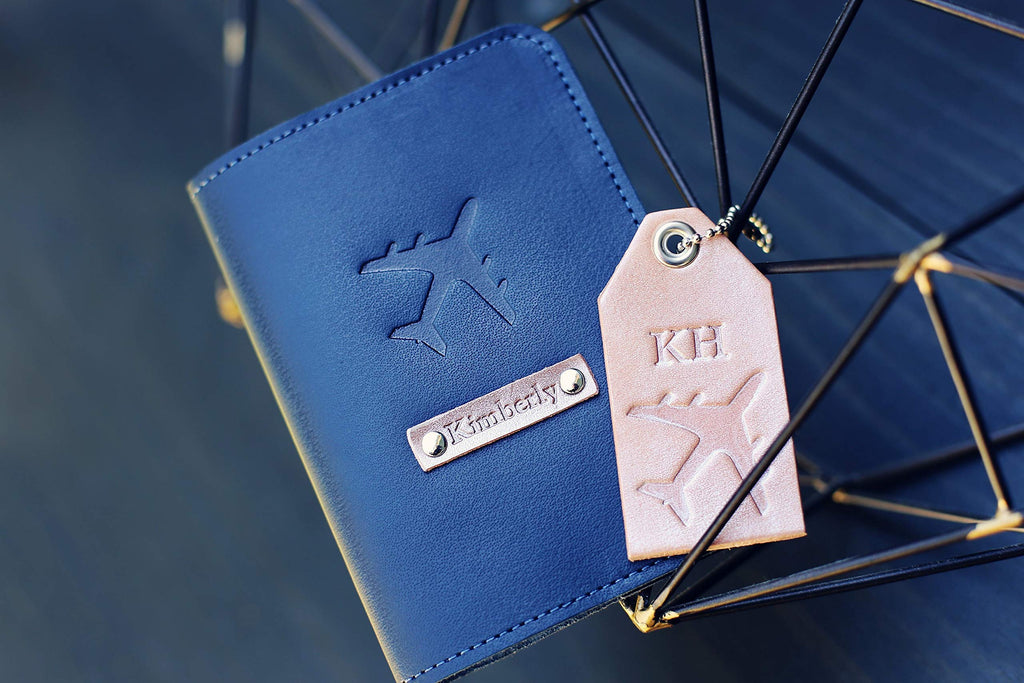 Personalized Leather Passport Holder and Luggage Tag Set