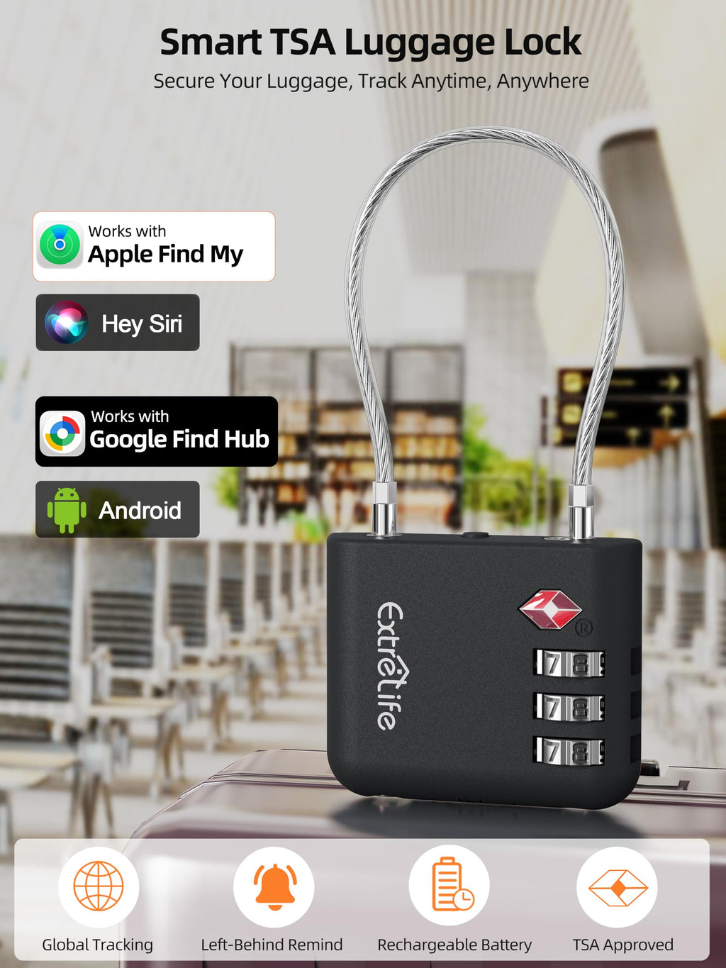 TSA Approved Luggage Lock, with Apple Find My & Google Find Hub, Anti-Loss