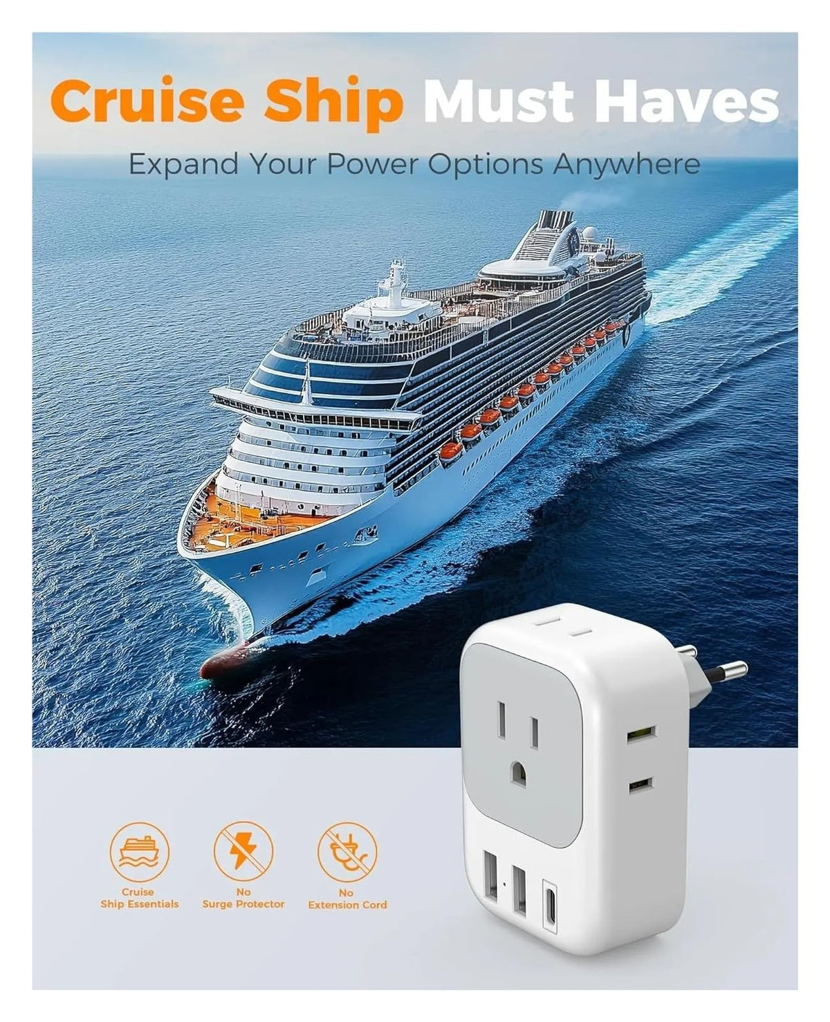 European Travel Adapter with 4 Outlets & 3 USB Ports