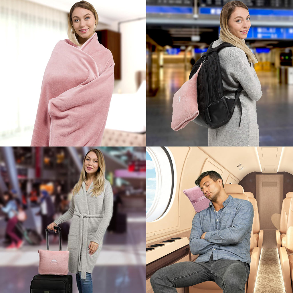 2 Pack Travel Blanket Pillows with Carry Bags & Backpack Clips